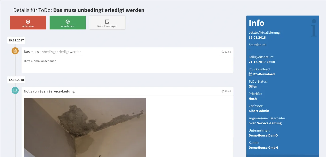 Screenshot: Eingegangene Aufgabe mit Annehmen, Ablehnen und Notiz-Funktion im Zeitstrahl