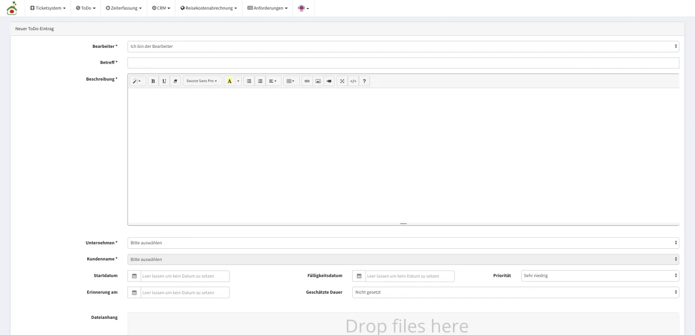 Screenshot: Neue Aufgabe anlegen mit Bearbeiter, Deadline, Priorität und Dateianhang